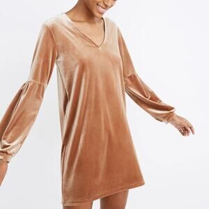 Madewell Velvet Balloon Sleeve Dress V-Neck Mini Shift Burnt Sienna Women Size L